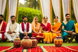 Indien mariage la cérémonie avec famille et amis. généré par ai photo