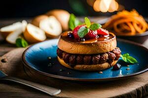 une Hamburger avec baies et une couteau sur une plaque. généré par ai photo