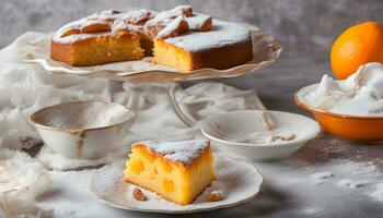 ai généré une pièce de gâteau avec Orange tranches sur une assiette photo