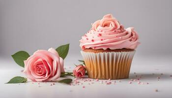 ai généré une petit gâteau avec rose Glaçage et une Célibataire Rose photo