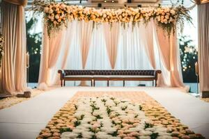 ai généré une mariage la cérémonie avec fleurs et une blanc tapis photo