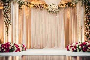 ai généré une mariage la cérémonie avec floral décorations et blanc rideaux photo