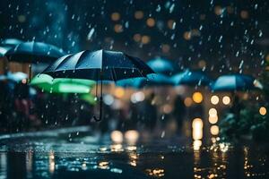 ai généré pluvieux nuit dans le ville, parapluies, pluie, nuit, nuit temps, pluie photo