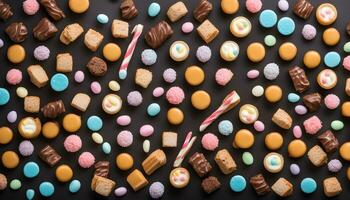 ai généré beaucoup différent les types de bonbons et bonbons sur une noir Contexte photo