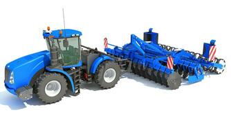 tracteur avec la graine percer ferme équipement disque herse 3d le rendu sur blanc Contexte photo