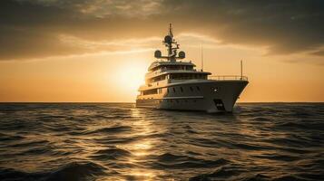 ai généré luxe yacht dans le mer à le coucher du soleil. luxe yacht dans le mer. photo