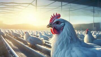 ai généré blanc poulet sur une la volaille ferme dans le Soleil. 3d le rendu photo