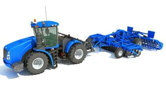 tracteur avec la graine percer ferme équipement disque herse 3d le rendu sur blanc Contexte photo