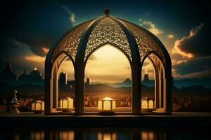ai généré sacré fête Ramadan kareem avec mosquée, lanterne, et Divin toile de fond photo