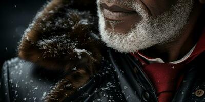 ai généré noir Sénior homme avec une blanc barbe dans hiver manteau. ai génératif. photo