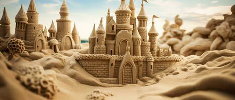 ai généré magnifique le sable Château sur d'or sable, avec complexe tours. ai génératif. photo