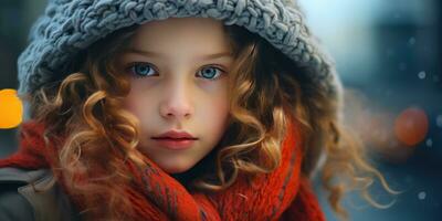 ai généré fille dans hiver manteau et Orange foulard. ai génératif. photo