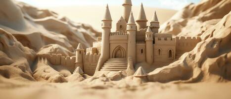 ai généré magnifique le sable Château sur d'or sable, avec complexe tours. ai génératif. photo