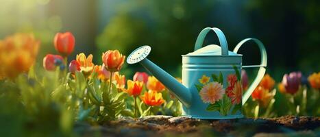 ai généré charmant arrosage pouvez dans une vibrant jardin. ai génératif. photo