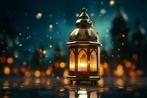 ai généré islamique lanterne sur table par fenêtre, dépeindre serein éclairé par la lune mosquée photo
