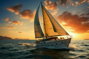 ai généré élégance à flot une luxe yacht voiles contre une toile de fond de Stupéfiant le coucher du soleil photo