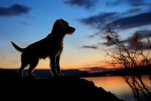 ai généré tranquille le coucher du soleil cadres le silhouette de une fidèle canin un compagnon photo