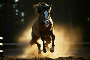 ai généré dynamique afficher une cheval expositions puissant agilité, exécution une sans faille et planant sauter photo