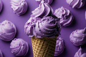ai généré indulgent délice une cône de violet la glace crème promesses une de bon goût et luxueux traiter photo