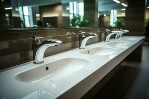 ai généré blanc céramique laver évier bassins, miroirs dans moderne Publique salle de bains photo