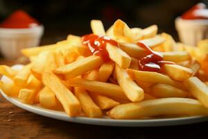 ai généré table traiter une détaillé vue de délicieusement croustillant français frites photo