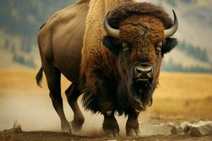 ai généré puissant brouteur de Amérique, bison symbolise force et la grâce sur ouvert terrains photo