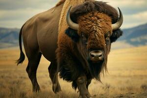 ai généré bison de le amériques, une puissant et grandiose herbivore, commandes le herbeux étendues photo