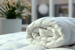 ai généré heure du coucher élégance blanc oreiller, couverture, et luxe vers le bas consolateur concept photo
