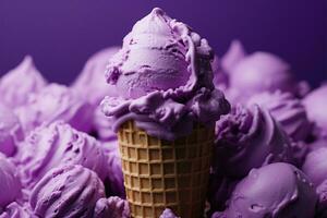 ai généré indulgent délice une cône de violet la glace crème promesses une de bon goût et luxueux traiter photo