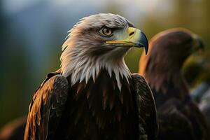 ai généré aigles royal pose une portrait ensemble contre une luxuriant forêt photo