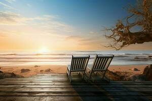 ai généré le coucher du soleil perche banc sur le plage avec chaud teintes, pittoresque photo