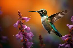 ai généré gracieux beauté colibris portrait, une coloré symphonie avec fleurs photo