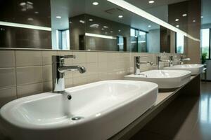 ai généré salle de repos concept moderne Publique salle de bains avec rangée de blanc les puits photo