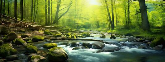 ai généré printemps forêt la nature paysage, magnifique printemps flux, rivière rochers dans Montagne forêt photo