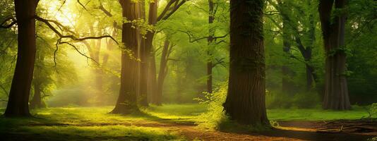 ai généré magnifique des rayons de lumière du soleil dans une vert été chêne forêt photo