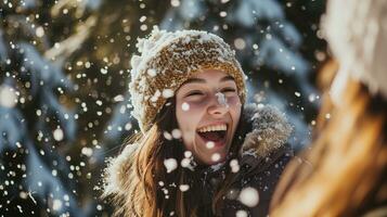 ai généré adolescent les filles en jouant boules de neige dans le hiver forêt, proche en haut. amusant, hiver, hiver vacances, les vacances. photoréaliste, Contexte avec bokeh effet. ai généré. photo