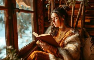 ai généré Jeune Latin Américain, aux cheveux noirs européen femme est en train de lire une livre dans une pièce décoré pour le hiver vacances. photoréaliste, Contexte avec bokeh effet. ai généré. photo