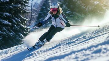 ai généré une Jeune femme ski vers le bas le Montagne. photoréaliste, Contexte avec bokeh effet. ai généré. photo