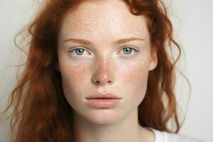 ai généré portrait de tondu calme caucasien Jeune femme visage avec taches de rousseur photo