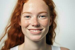 ai généré portrait de tondu souriant caucasien Jeune femme visage avec taches de rousseur photo