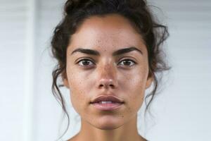 ai généré portrait de calme hispanique Jeune femme visage avec taches de rousseur photo