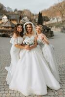 élégant demoiselles d'honneur avoir amusement avec le la mariée dans la nature et pose à la recherche dans le caméra photo