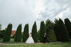 portrait de le la mariée et jeune marié dans la nature. élégant la mariée et jeune marié dans une longue dentelle robe sont étreindre et posant près le des arbres dans le jardin. une content couple dans l'amour photo