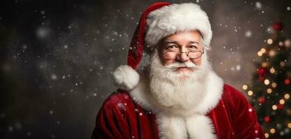 ai généré fermer portrait de souriant Père Noël claus . Noël vacances bannière avec copie espace photo