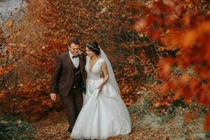 mariage couple sur une marcher dans le l'automne parc, moyen portrait, endroit pour texte photo