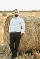 mariage portrait photo. une élégant jeune marié dans une blanc chemise pose près une balle de foins avec le sien mains dans le sien les poches. barbu homme. style. photo