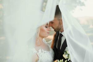 jeune marié et la mariée dans le forêt. l'automne mariage dans le forêt. content mariage, aimant couple soumissionner touche en dessous de le voile. élégant et belle. Princesse robe avec une longue train. photo