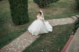 mariage photo. le la mariée dans une volumineux blanc robe et une longue voile des promenades dans le jardin le long de une pierre chemin. vue de au-dessus de. portrait de le la mariée. magnifique boucles. magnifique maquillage et cheveux. photo