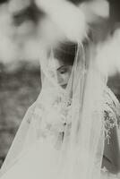 frisé blond la mariée dans une blanc robe, couvert avec une voile, pose pour le caméra avec une bouquet de des roses. portrait de le la mariée. magnifique maquillage et cheveux. mariage dans la nature. noir et blanc photo