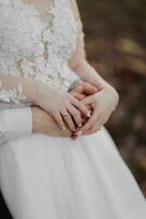 mariage photo dans la nature. le jeune marié câlins le mariée, en portant mains doucement, mariage anneau, mariage robe